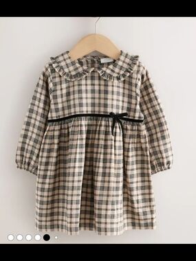 next Beige Plaid Peter Pan Collar Dress with Black Trim